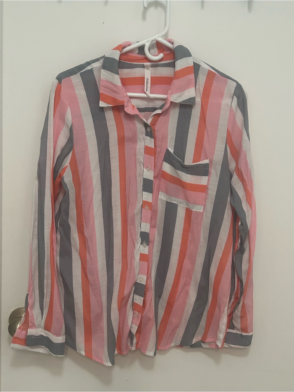 JM Collection Vertical Stripe Button-Up Blouse - Pink, Coral & Gray